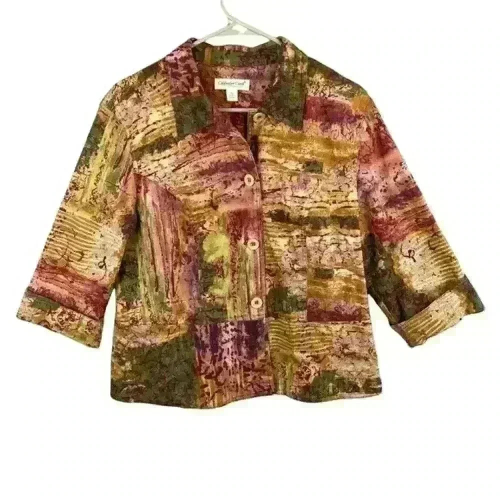 COLDWATER Creek Large Jacket‎ Tapestry Roll 3/4 Sleeves Button Front Blazer